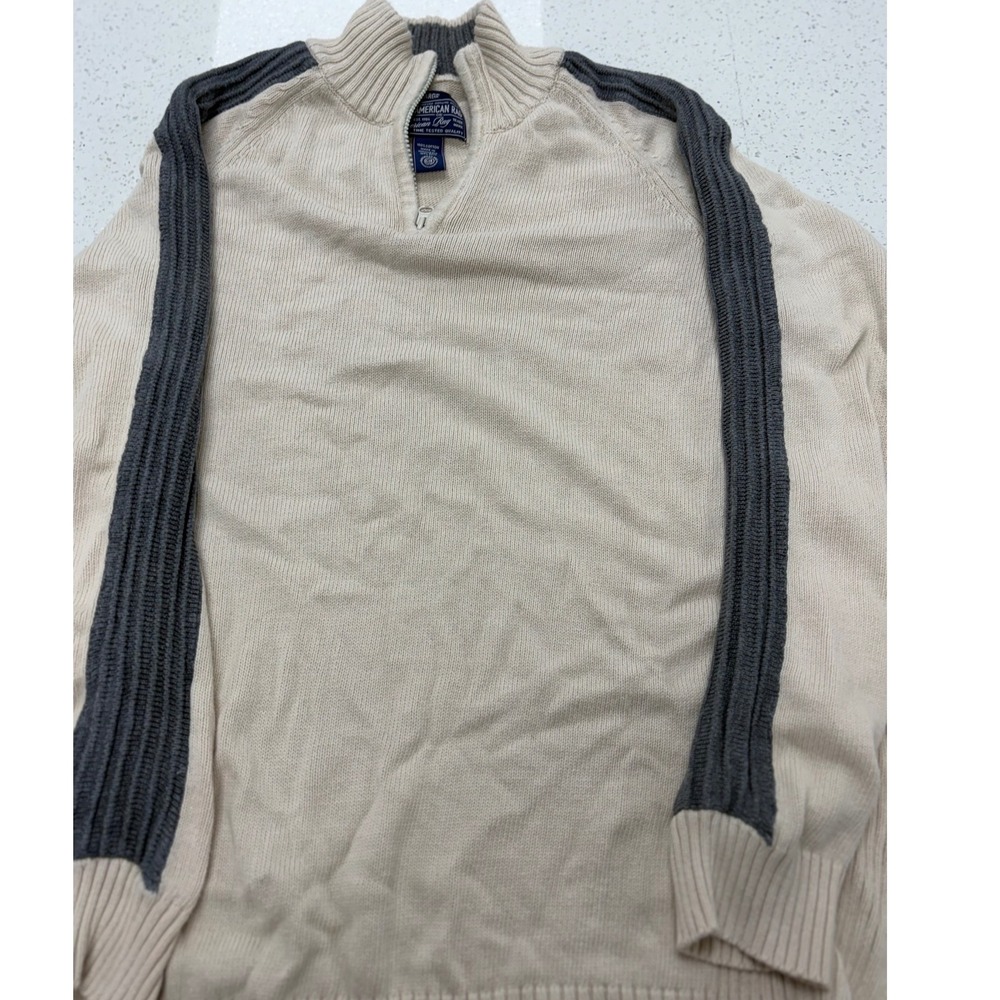 American Rag Mens XL Beige Quarter Zip Cotton Knit Sweater Grey Stripe Pullover‎